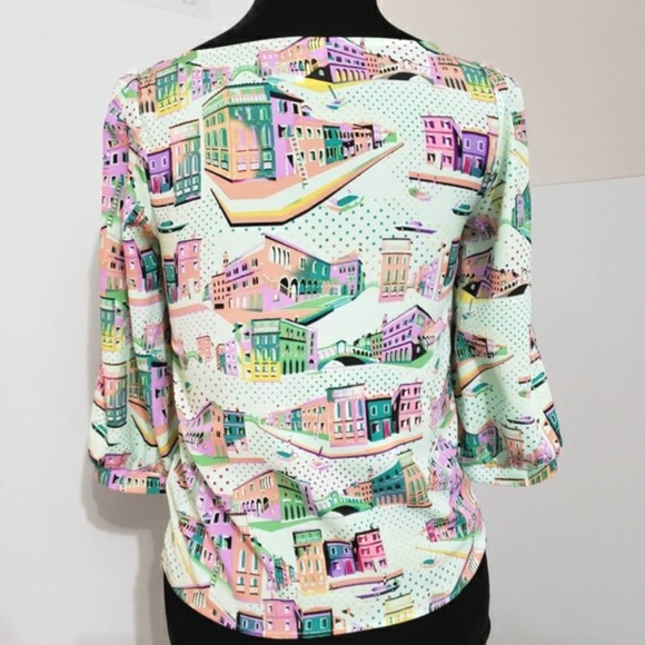 Pink Owl Vibrant Colorful City Scene 3/4 Sleeve Top Small - Picture 2 of 11